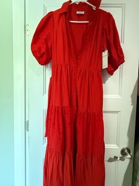Red Dress Aura Balloon Sleeve Midi Dress with sash